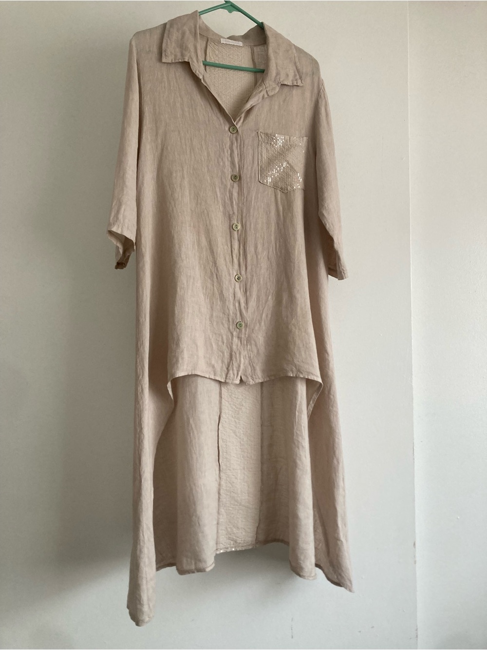 Beige High-Low Button Front Camisole Dress with Sequin Pocket